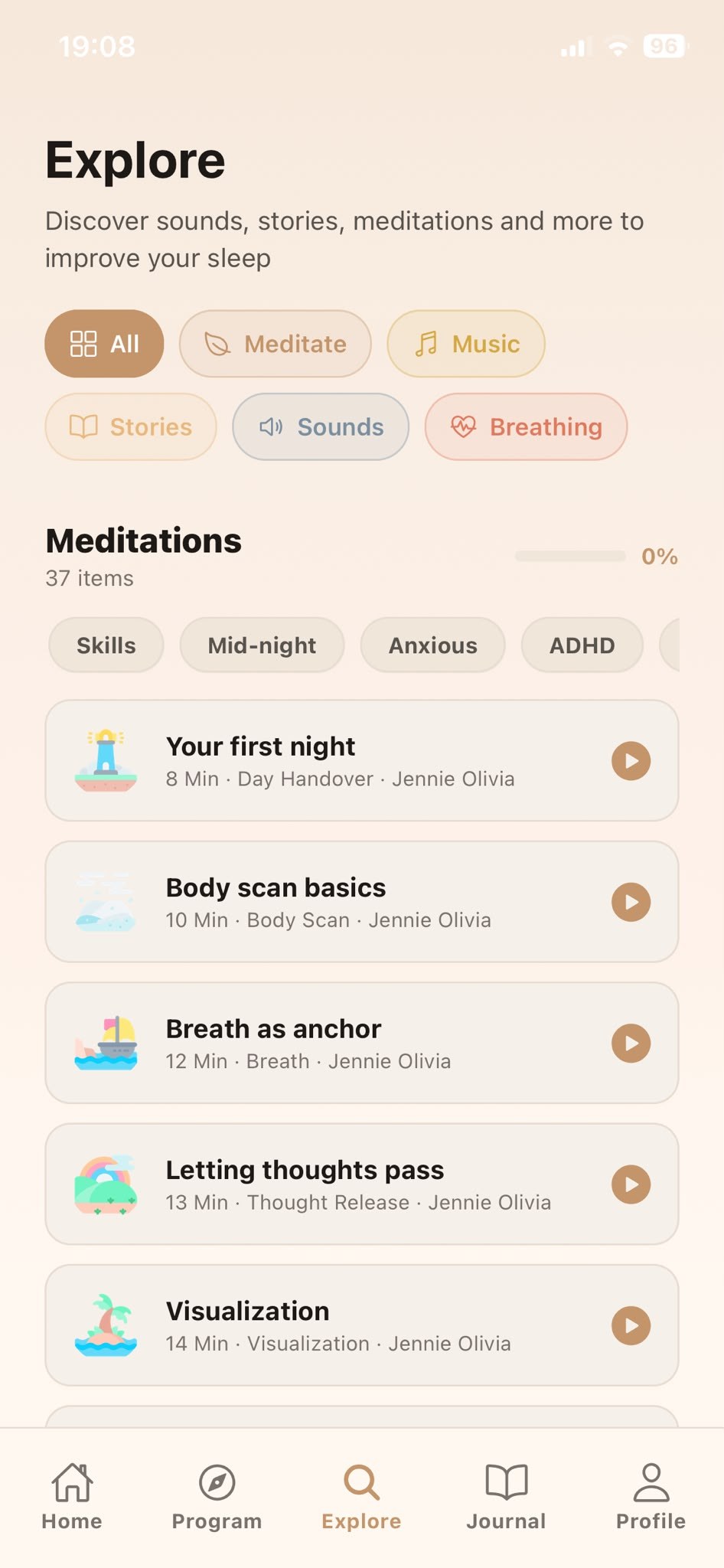 Explore screen with sounds, stories and meditations