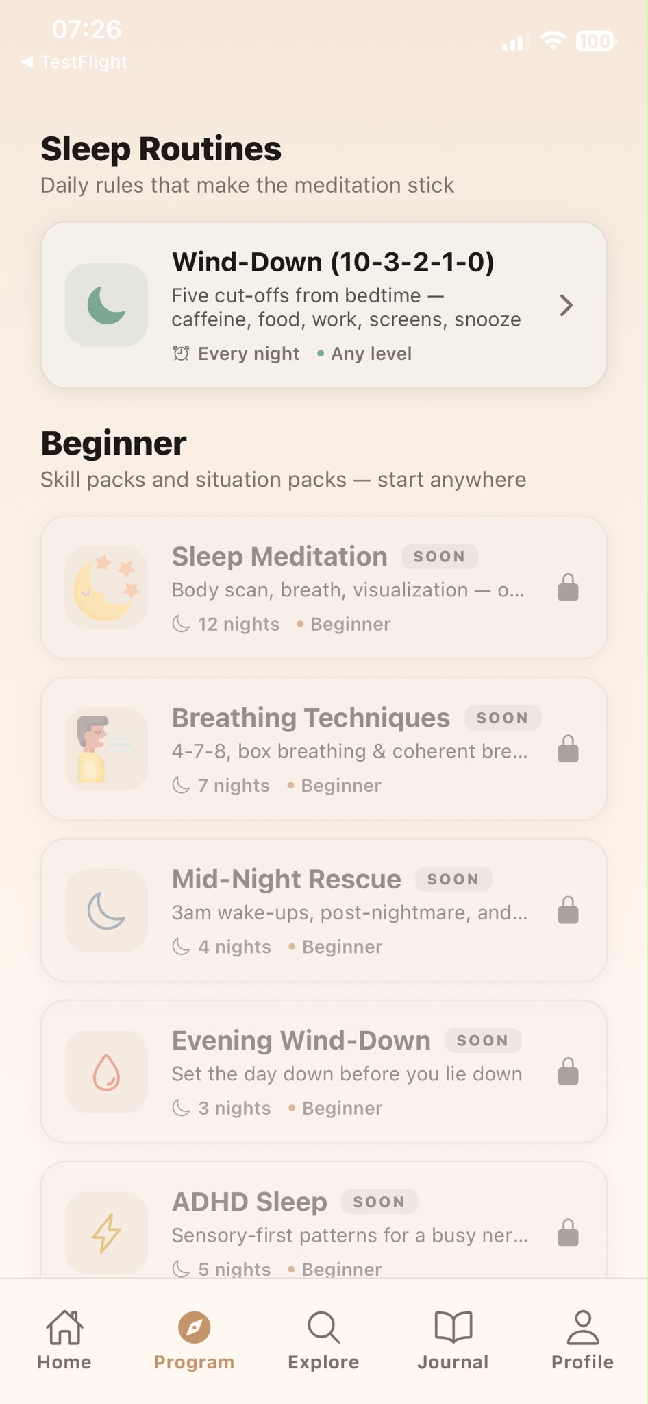 Programs screen